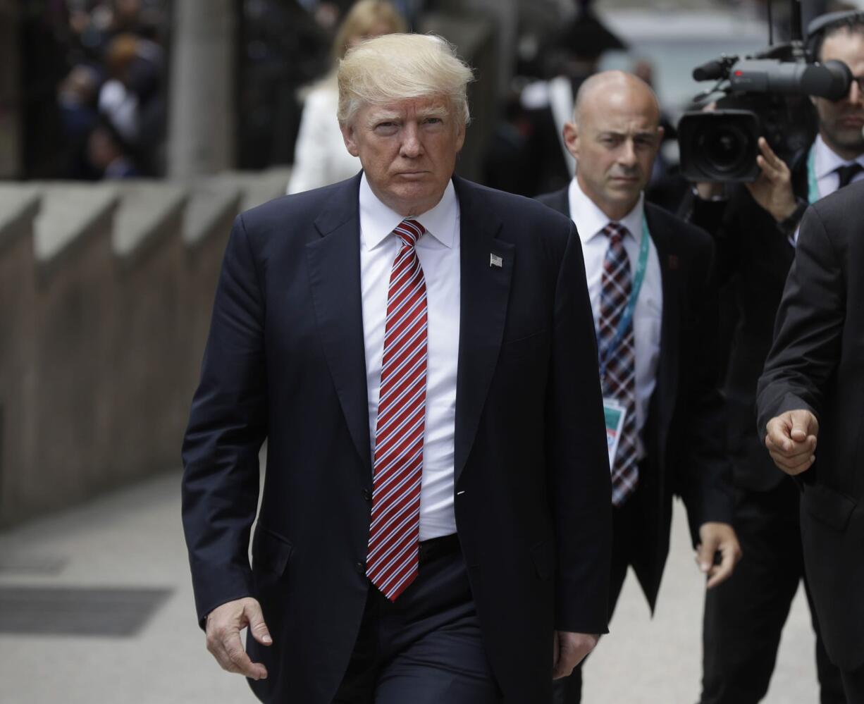 US President Donald Trump arrives for a welcome ceremony for the G7 summit in the Ancient Theatre of Taormina (3rd century BC) in the Sicilian citadel of Taormina, Italy, Friday, May 26, 2017. On Friday and Saturday, for the first time all seven are around the same table, including also newcomers Emmanuel Macron of France, Theresa May of Britain and the Italian host, Paolo Gentiloni , forging a new dynamic after a year of global political turmoil amid a rise in nationalism.