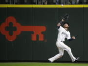 Seattle Mariners right fielder Ben Gamel catches a line drive hit by Los Angeles Angels left fielder Cameron Maybin in the sixth inning of a baseball game, Thursday, May 4, 2017, in Seattle. (AP Photo/Ted S.