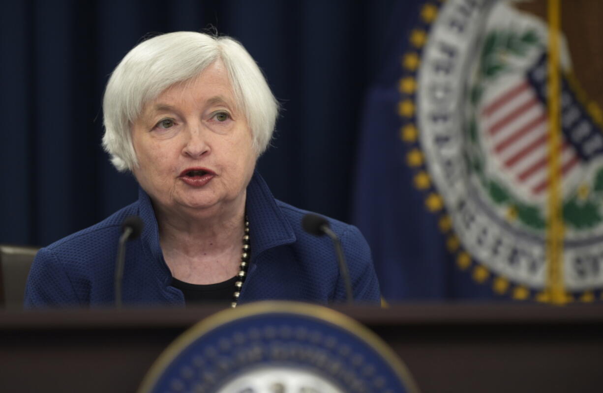 FILE - In this Wednesday, March 15, 2017, file photo, Federal Reserve Chair Janet Yellen speaks during a news conference in Washington. With the U.S. economy on solid footing and unemployment at a near-decade low, the Federal Reserve remains in the midst of a campaign to gradually raise interest rates from ultra-lows. But during the first week of May 2017, the Fed is widely expected to keep its key short-term rate unchanged after having raised it in March for the second time in three months.