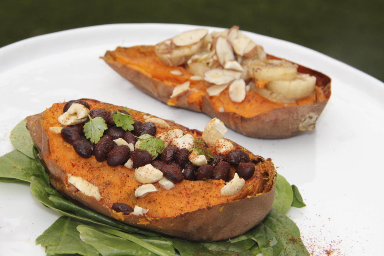 Melissa d’Arabian/Associated Press
Two halves of a sweet potato prepared with savory and sweet toppings.