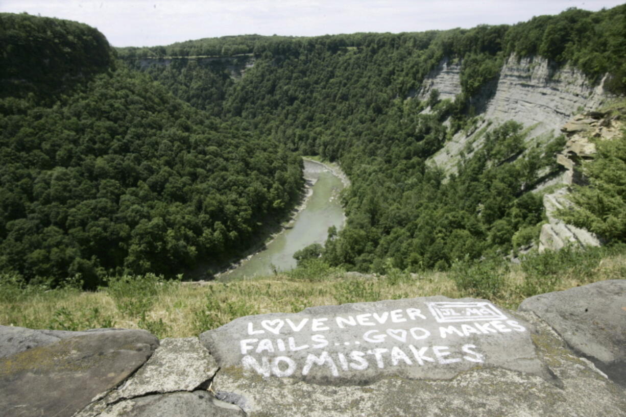 A message is seen painted on a rock wall overlooking Letchworth State Park in Castile, N.Y. A dog stuck about half-way down a 400-foot cliff in the park was rescued by a police officer who had to use ropes to reach the stranded canine.