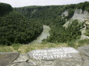 A message is seen painted on a rock wall overlooking Letchworth State Park in Castile, N.Y. A dog stuck about half-way down a 400-foot cliff in the park was rescued by a police officer who had to use ropes to reach the stranded canine.