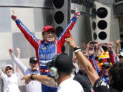 Takuma Sato, of Japan, celebrates after winning the Indianapolis 500 auto race at Indianapolis Motor Speedway, Sunday, May 28, 2017, in Indianapolis.