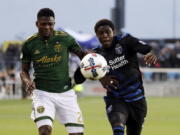 Portland Timbers forward Dairon Asprilla, left, eyes the ball as San Jose Earthquakes defender Kofi Sarkodie, right, chases during the first half of an MLS soccer match, Saturday, May 6, 2017, in San Jose, Calif.