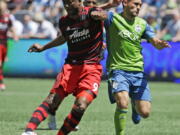 Portland Timbers forward Fanendo Adi, left, is challenged by Seattle Sounders midfielder Cristian Roldan, right, in the first half of an MLS soccer match, Saturday, May 27, 2017, in Seattle. (AP Photo/Ted S.