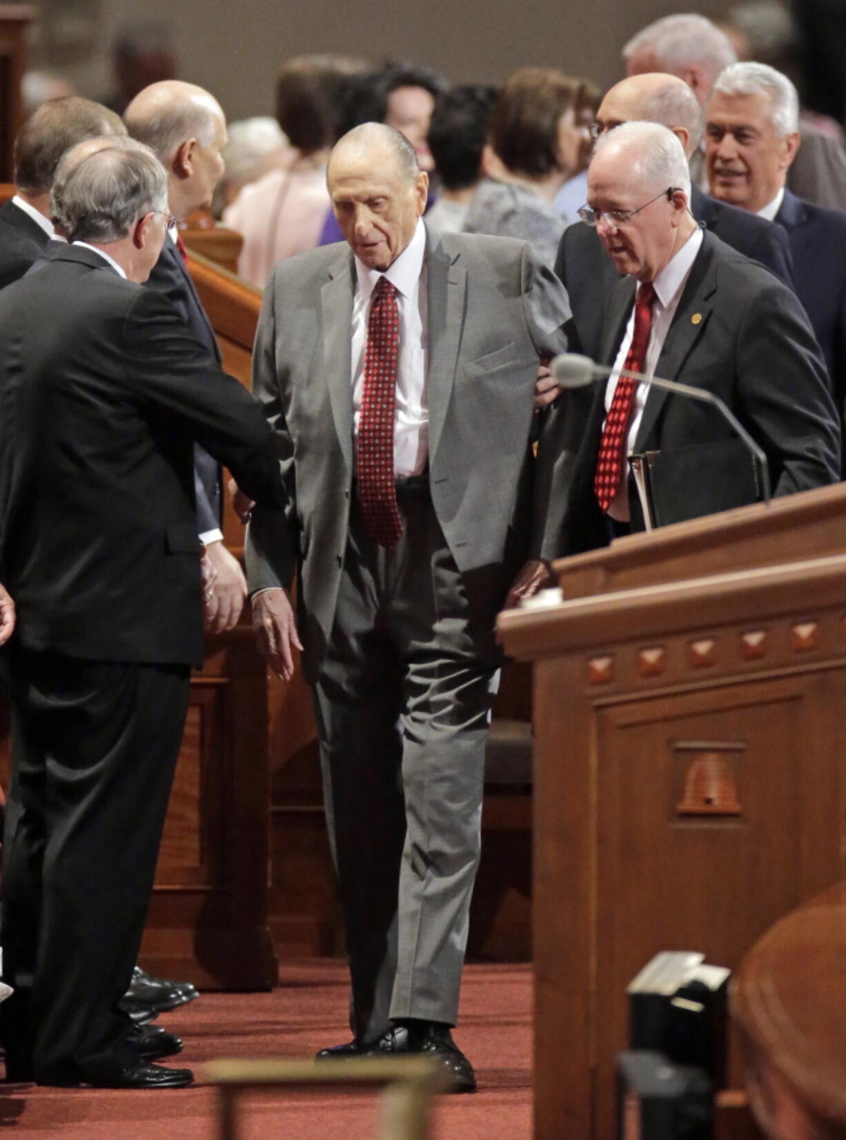 Thomas M. Monson, president of the Church of Jesus Christ of Latter-day Saints, arrives at the two-day Mormon church conference in Salt Lake City on April 1. Mormon officials said Monson is no longer coming to meetings at church offices regularly because of limitations related to his age. Eric Hawkins, a spokesman for The Church of Jesus Christ of Latter-day Saints, said Tuesday, May 23, 2017, in a statement that Monson communicates with fellow leaders on matters as needed.