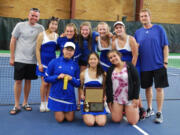 Mountain View girls tennis team with the 3A bi-district title trophy at Sprinker Tennis Center in Spanaway, Saturday, May 20, 2017.