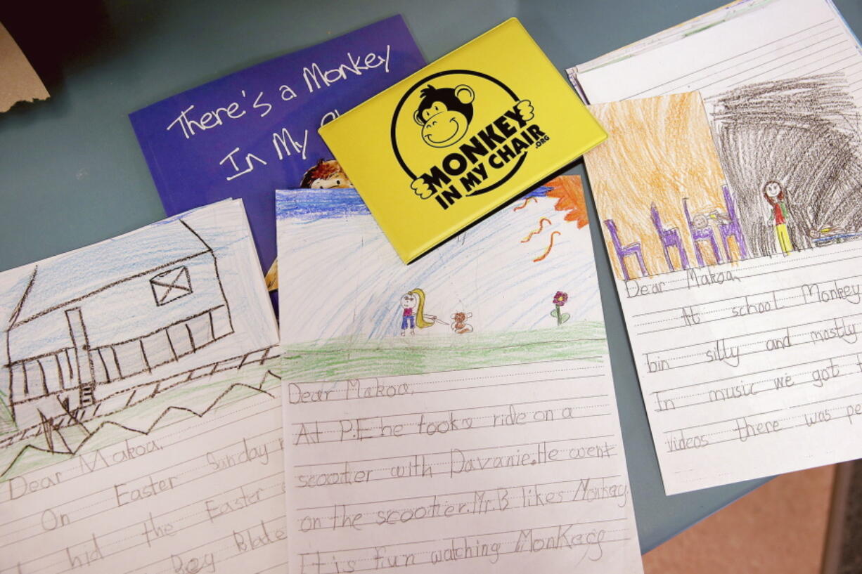 Richard Gordon Elementary School second grade students write letters to Makoa Saffery while he is absent from school to battle cancer in Kingston. The letters are delivered via a backpack worn by a monkey.