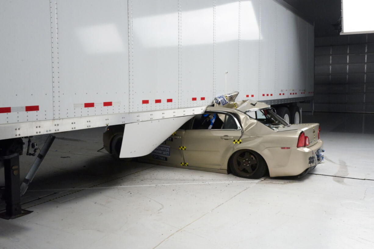 A Chevrolet Malibu underrides a tractor-trailer in a 35 mph crash test. The trailer has an aerodynamic skirt but no underride guard. Federal law requires big trucks to have rear underride guards, which stop cars from traveling underneath the truck in an accident. But the government doesnC?Ut require side guards. The Insurance Institute for Highway Safety says side guards could prevent hundreds of traffic deaths per year.