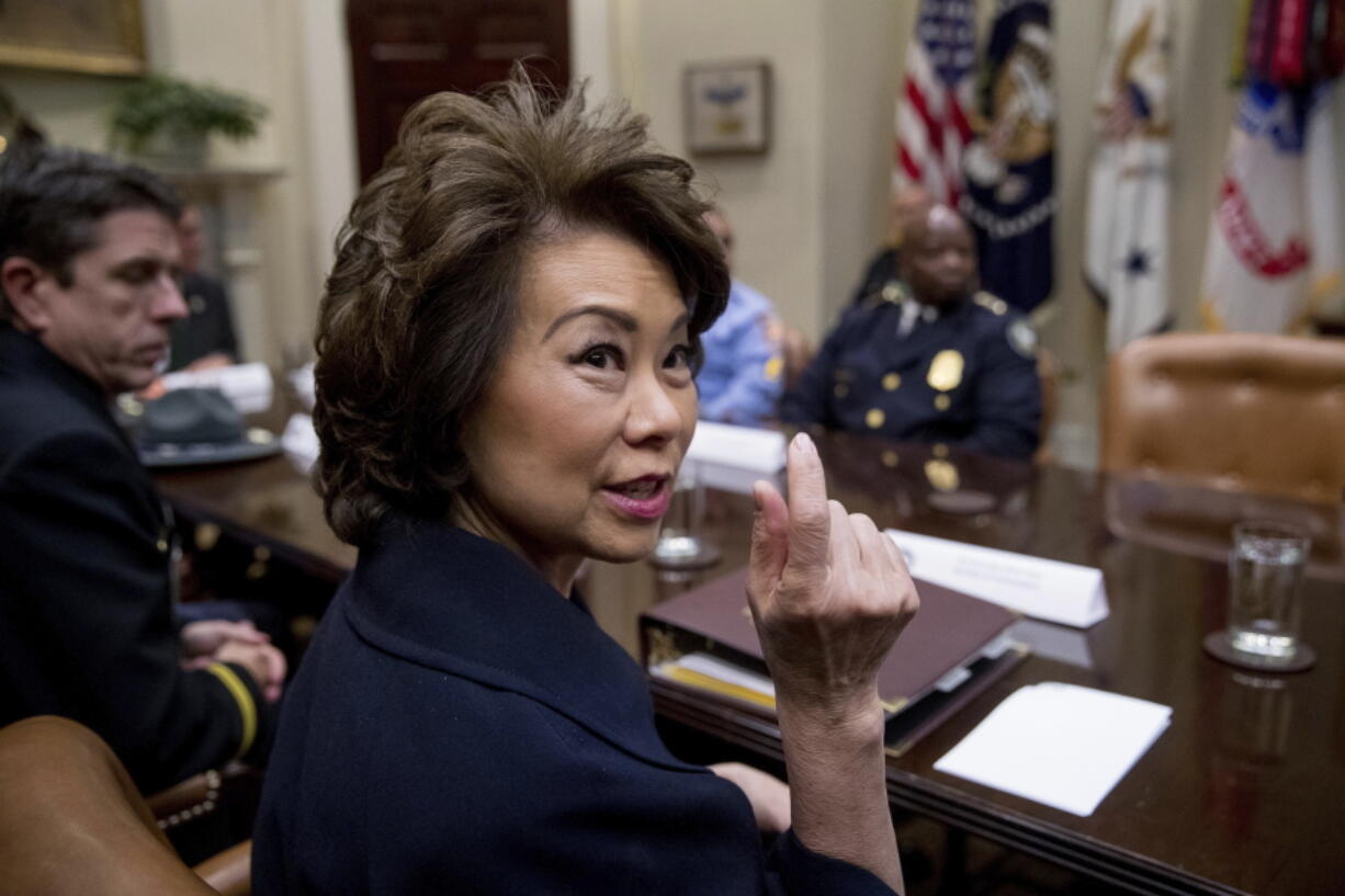 Transportation Secretary Elaine Chao speaks in the Roosevelt Room in the White House in Washington.  Chao said Monday that the Trump administration’s infrastructure plan will be out in a few weeks and include $200 billion in taxpayer money.