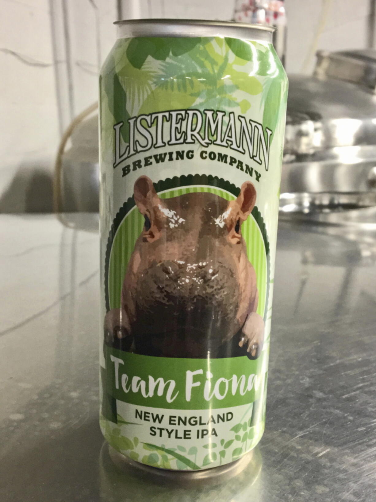 A can for Listermann Brewing Company’s Team Fiona beer, featuring an image of the Nile hippopotamus named Fiona born prematurely Jan. 24 at the zoo in Cincinnati. Zoo officials say the Cincinnati microbrewery’s New England-style India pale ale will be introduced June 10 with 25 percent of proceeds from sales at seven Cincinnati-area stores earmarked for the zoo’s #TeamFiona fundraising campaign.