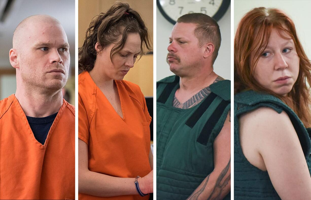 Neil Allen Alway, from left, Ashley Lorraine Barry, John Michael West and Ashley L. Wideman are facing charges connected to the fatal shooting of Raymond C. Brandon, whose body was discovered April 27.