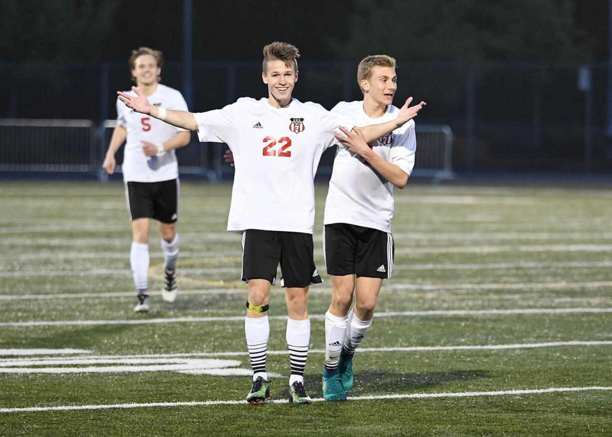 Camas' Tybalt Thornberry reacts after scoring a goal in the second half against Battle Ground.