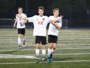 Camas' Tybalt Thornberry reacts after scoring a goal in the second half against Battle Ground.