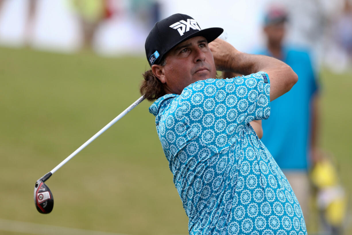 William Murray Golf brand ambassador Pat Perez wears a polo shirt with the "Sandy Tiles" pattern at the Players Championship at TPC Sawgrass on May 13, 2018 in Ponte Vedra Beach, Fla.