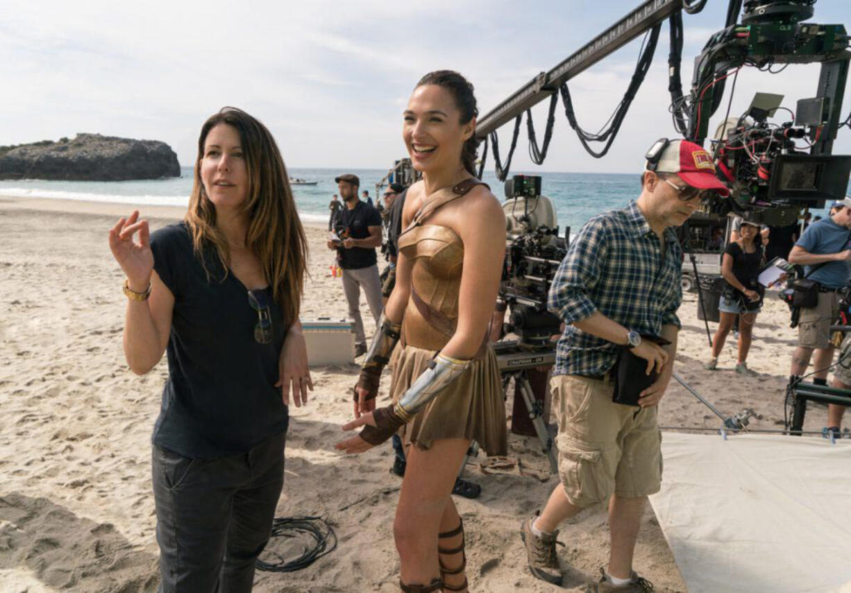 Patty Jenkins, left, directs Gal Gadot in “Wonder Woman.” Warner Bros.-DC Entertainment