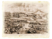 Richard Covington’s 1855 engraving shows Fort Vancouver after it was established on Fort Plain, extending east to the forest.