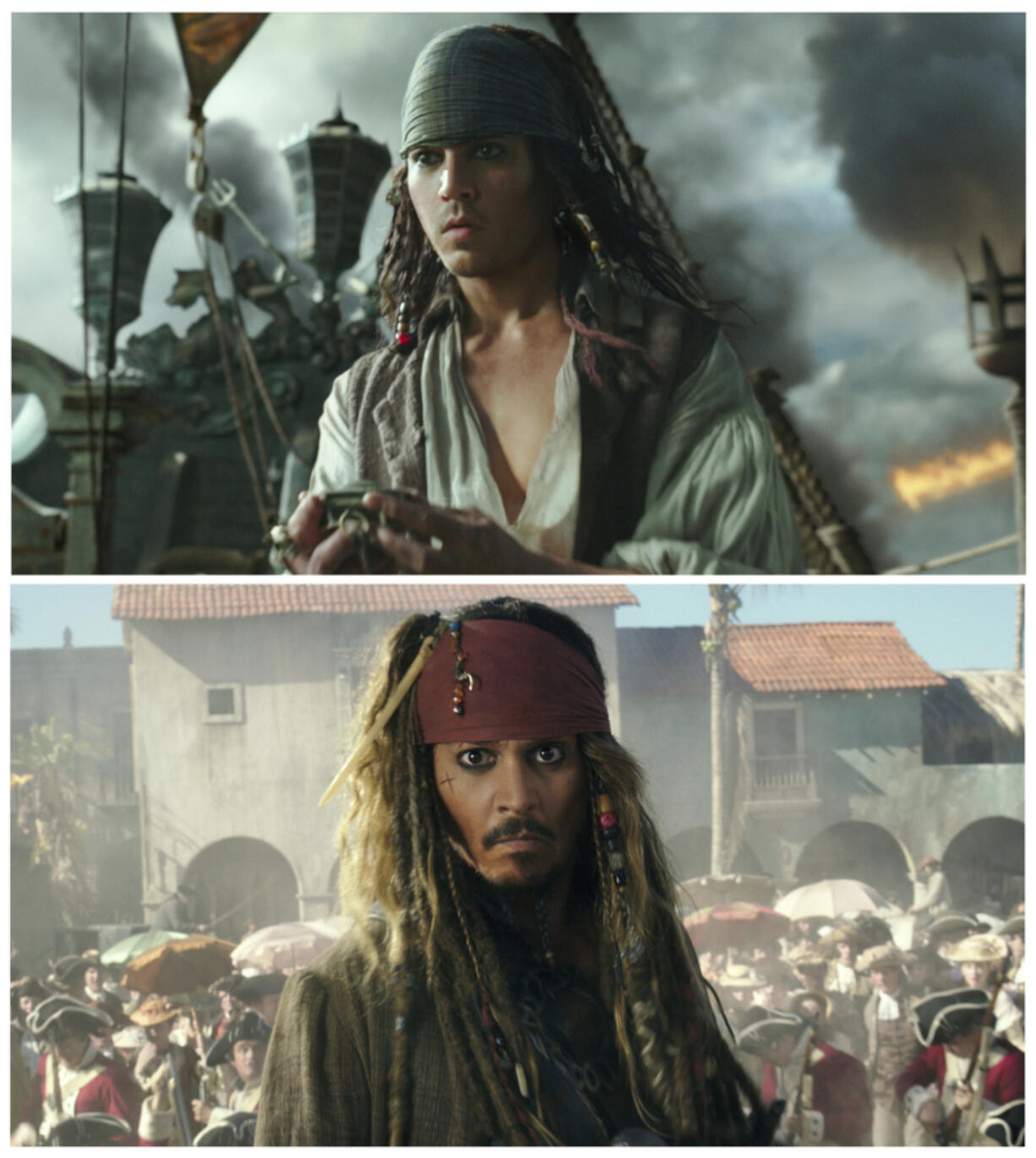 The character Jack Sparrow at two stages of his life in “Pirates of the Caribbean: Dead Men Tell No Tales.” Johnny Depp, who portrays the character, is the latest mega-star to get the drastic de-aging treatment on screen.