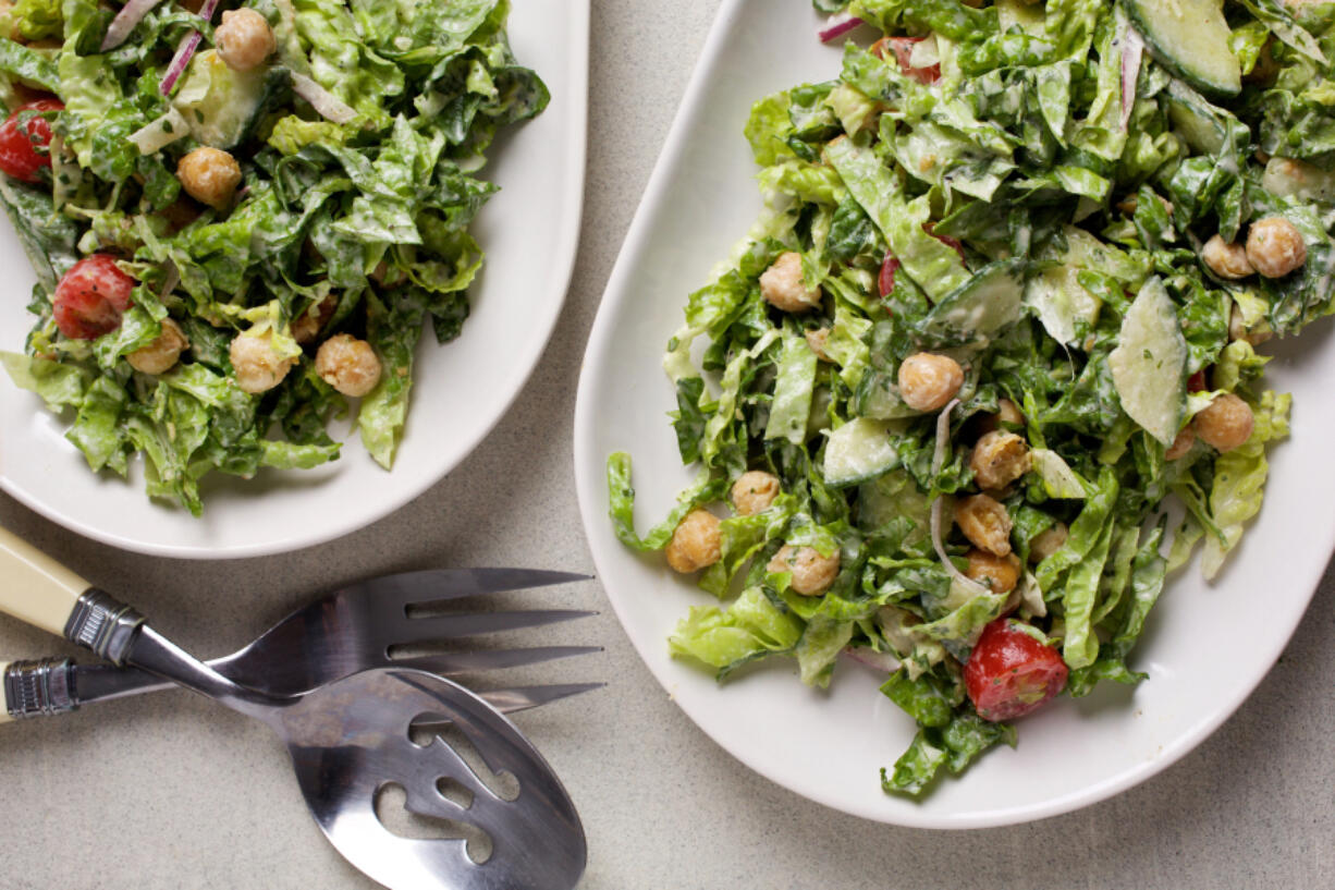 Salad With Crispy Spiced Chickpeas and Tahini Dressing.