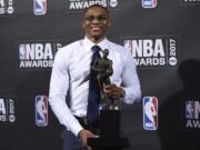 Kia NBA Most Valuable Player, Best Style &amp; Game Winner Award winner, Russell Westbrook, poses in the press room at the 2017 NBA Awards at Basketball City at Pier 36 on Monday, June 26, 2017, in New York.