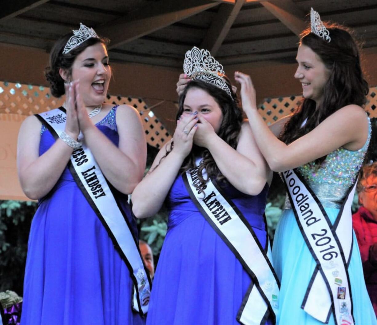 Woodland: Lindsay Paul, from left, cheers on Katelyn Beuscher while she is crowned Miss Woodland 2017 by last year's Miss Woodland, Jaiden Marshall-Doyle.