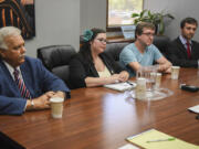 Candidates for Vancouver City Council, Position 1, Scott Campbell, left, Nicolette Horaites, David Roberts and Jacob Kerr meet with the Editorial Board at The Columbian on Friday.