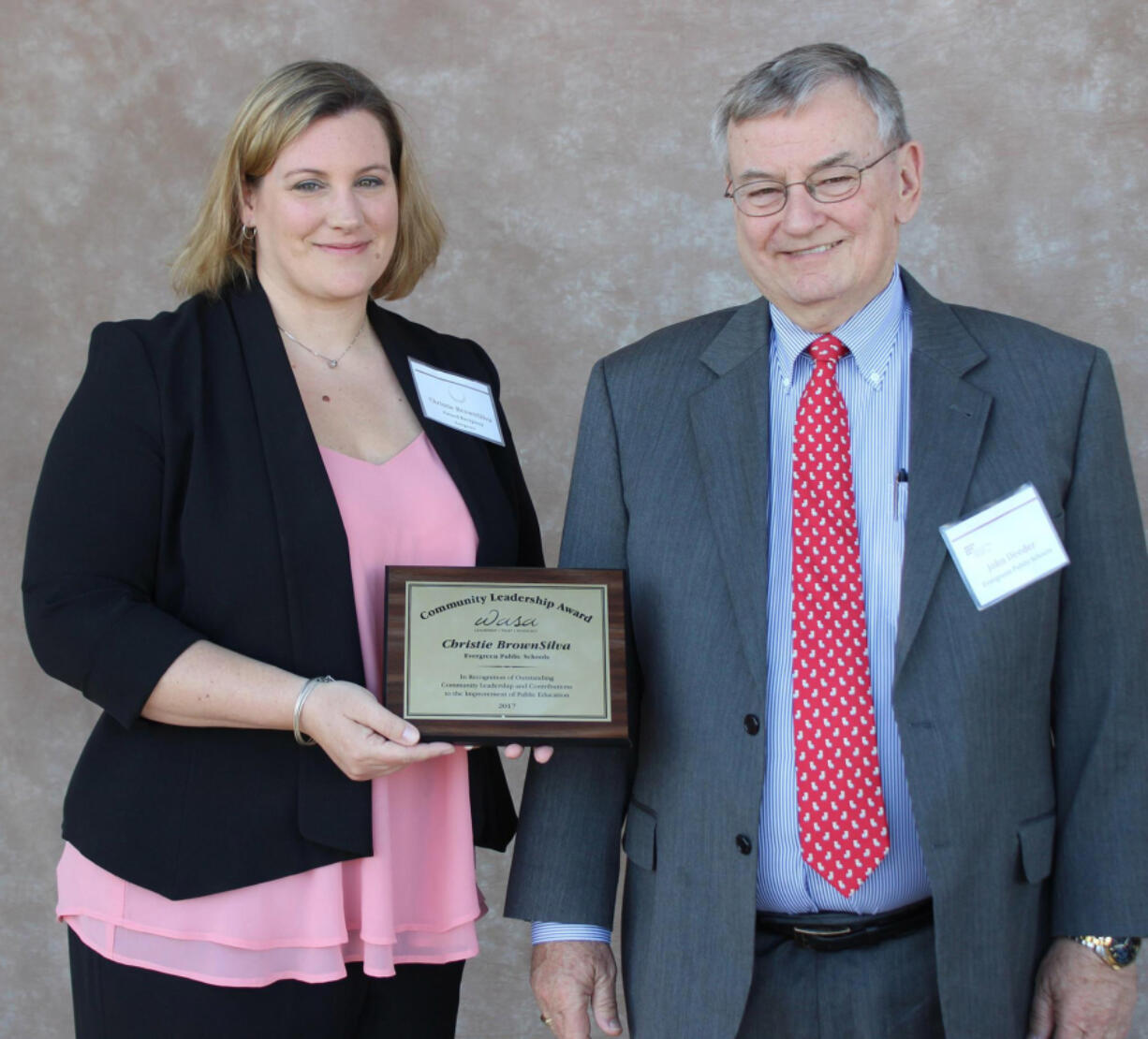 Landover-Sharmel: The Washington Association of School Administrators honored, from left, Christie BrownSilva, a parent and volunteer in Evergreen Public Schools, with a 2017 Community Leadership Award and Superintendent John Deeder with the 2017 Award of Merit.