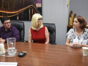 Candidates for Vancouver City Council Position 3, from left, Vaughn Henderson, Linda Glover, and Michelle Beardshear talk with The Columbian’s Editorial Board.