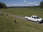 Plas Newydd Farm Conservation Manager Kelley Jorgensen, left, and David Morgan, the farm’s managing partner, stroll the property with farm dog Kolo. The farm’s staff is currently working to convert 876 acres of property into a wetlands and conservation bank.