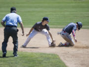 Narrows infielder Cameron MacIntosh, left, is unable to tag Showtime’s Jacob Matzat as he steals second base in the second inning during the Curt Daniels Invitational Baseball Tournament at Propstra Stadium on Thursday afternoon, June 29, 2017.