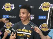 Markelle Fultz speaks with reporters after his private workout with the Los Angeles Lakers. Fultz is expected to be a top pick at the NBA Draft on Thursday, June 22.