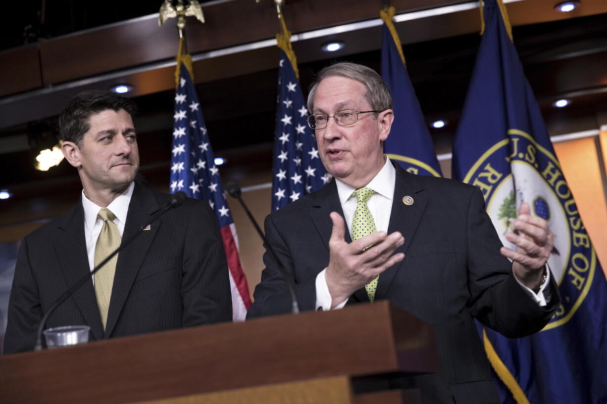 House Speaker Paul Ryan, R-Wis., left, is joined by House Judiciary Committee Chairman Bob Goodlatte, R-Va., right, as the Republican-led House pushes ahead on legislation to crack down on illegal immigration, during a news conference at the Capitol in Washington, Thursday, June 29, 2017. One bill would strip federal funds from "sanctuary" cities that shield residents from federal immigration authorities, while a separate bill would stiffen punishments on people who re-enter the U.S. Illegally. (AP Photo/J.