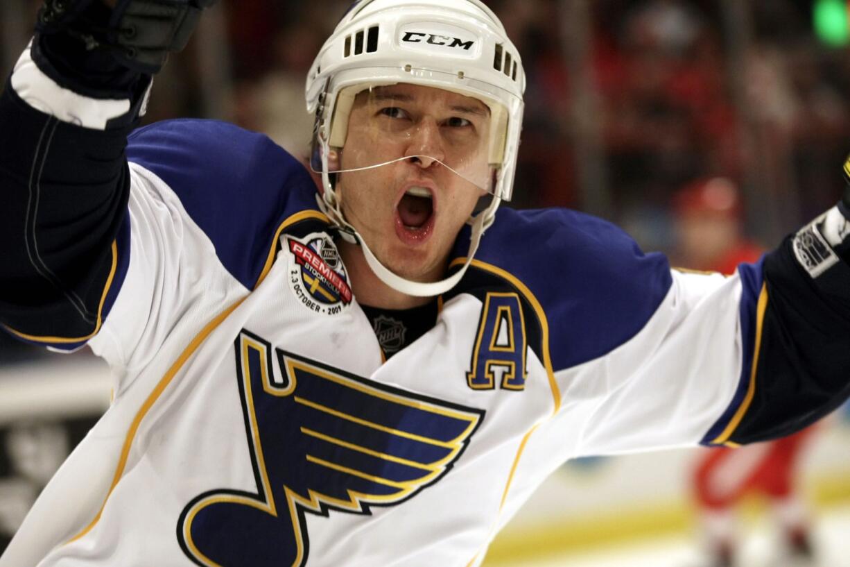 Paul Kariya with the St. Louis Blues in 2009. Kariya was selected to the Hockey Hall of Fame, Monday, June 26, 2017.