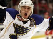 Paul Kariya with the St. Louis Blues in 2009. Kariya was selected to the Hockey Hall of Fame, Monday, June 26, 2017.