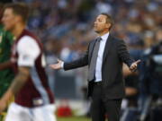 Portland Timbers head coach Caleb Porter pleads with referees for a call while facing the Colorado Rapids in the first half of an MLS soccer match Saturday, June 17, 2017, in Commerce City, Colo.