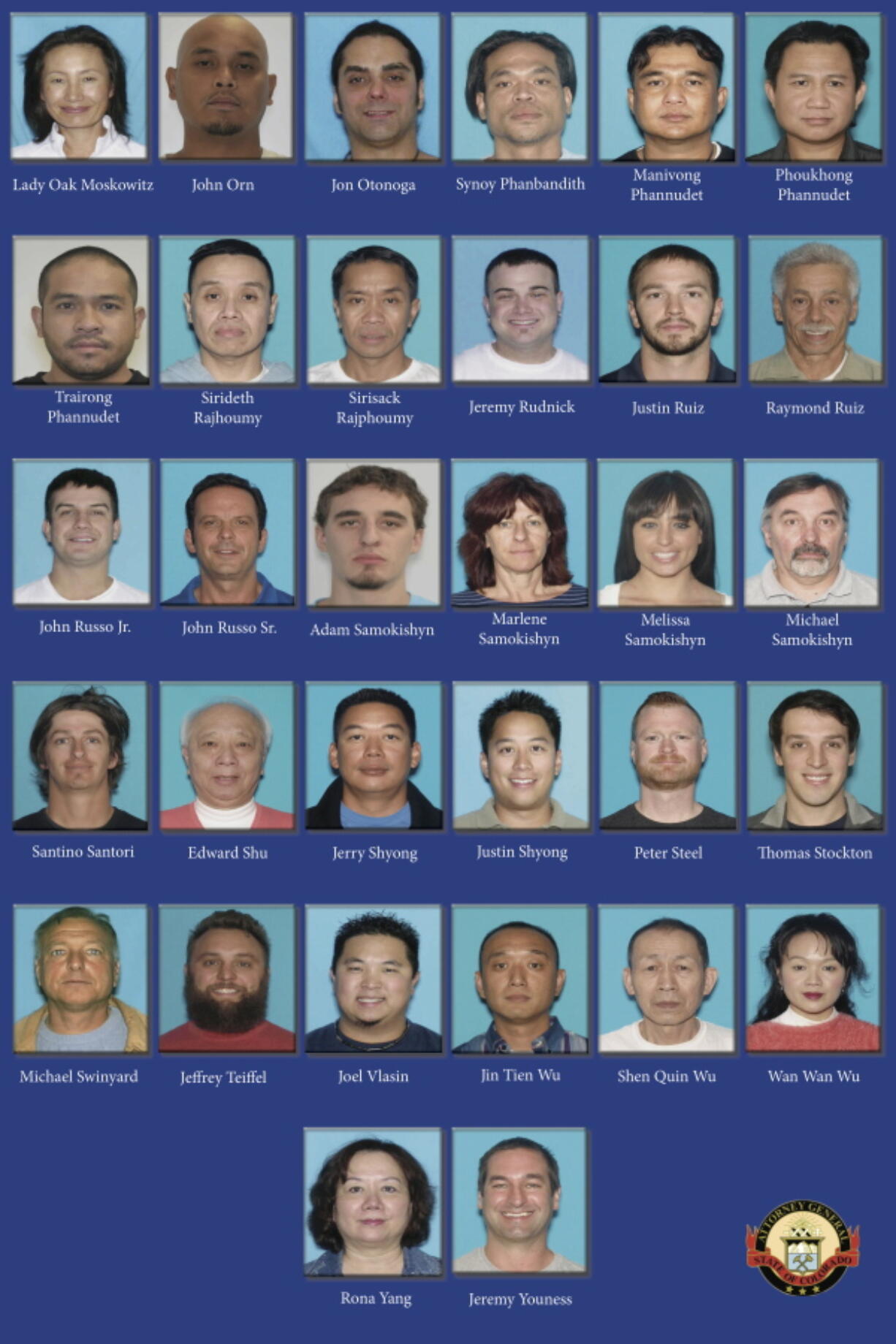 In this undated pressboard released by the Colorado Attorney General’s Office shows dozens of Coloradans accused of running a marijuana trafficking ring. Colorado officials announced Wednesday, June 28, 2017, that they have busted a mammoth marijuana trafficking ring that pretended to be growing weed for sick people but was instead illegally shipping the drug to a half-dozen other states and bilking investors, including former NFL players. A Denver grand jury indicted 62 people and 12 businesses in a case that involved federal and state agents executing over 100 search warrants in the Denver area.