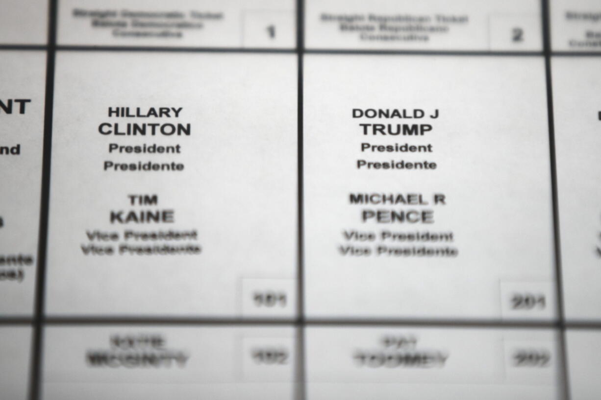 Democratic presidential candidate Hillary Clinton’s and Republican presidential candidate Donald Trump’s names printed on a ballot on a voting machine to be used in the upcoming election, in Philadelphia. A newly leaked NSA document outlining alleged attempts by Russian military intelligence to hack into U.S. election systems is the latest piece of evidence suggesting a broad, sophisticated foreign attack on the integrity of U.S. elections.