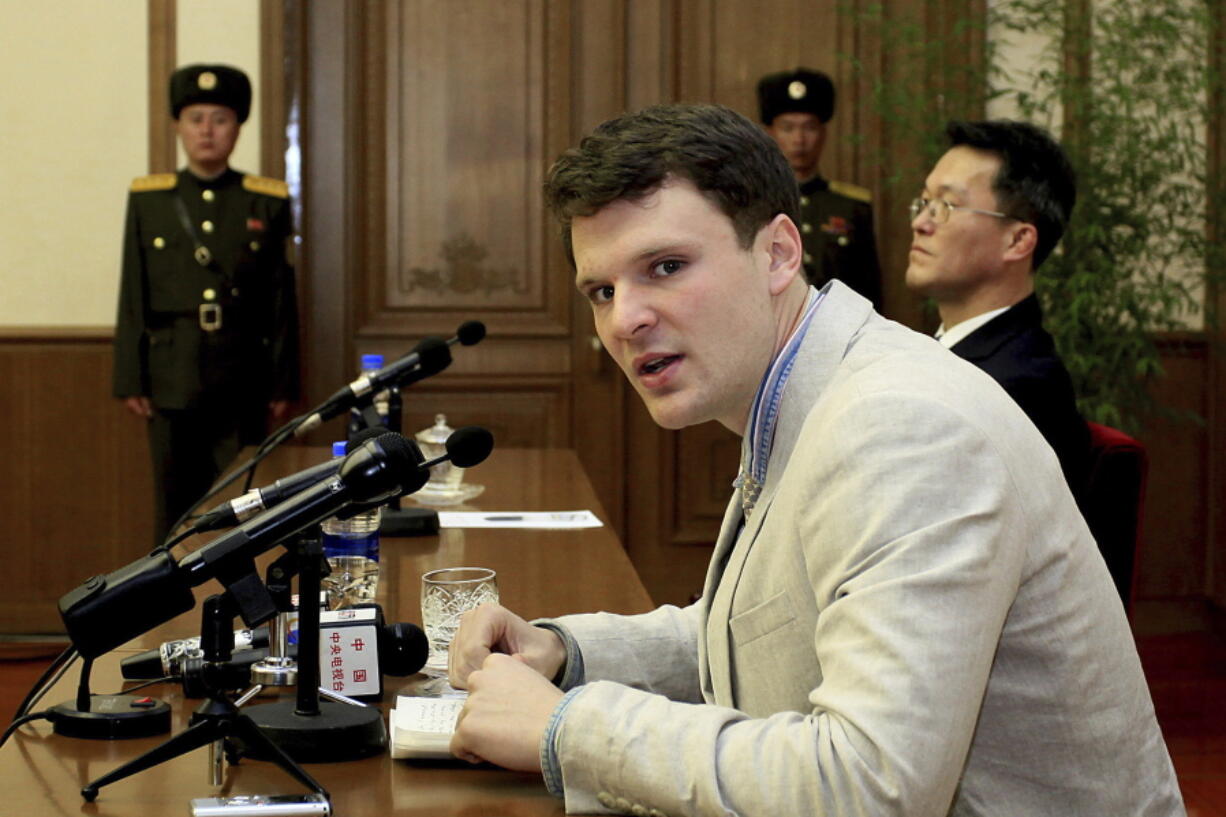 American student Otto Warmbier speaks to reporters in Pyongyang, North Korea.