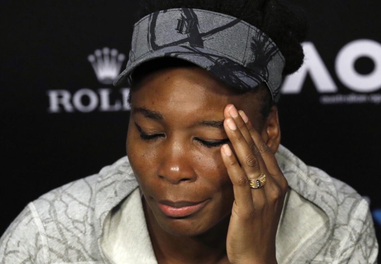 FILE - In this Jan. 28, 2017, file photo, Venus Williams answers questions at a press conference following her loss to sister Serena in the women’s singles final at the Australian Open tennis championships in Melbourne, Australia. Florida police said Thursday, June 29, 2017, that Williams was in a car crash earlier this month. He said the June 9th crash was under investigation, but declined to give further details.