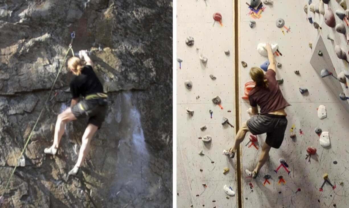 A climber ascends an outdoor rock face, left, in 2015 in Rumney, N.H., and another climber ascends a replica indoor climbing wall, right, in 2016 in Hanover, N.H. Using three-dimensional geometry, the three-dimensional replica of the rock wall was created by tracking a climber’s hand and foot positions and by estimating the contact forces.