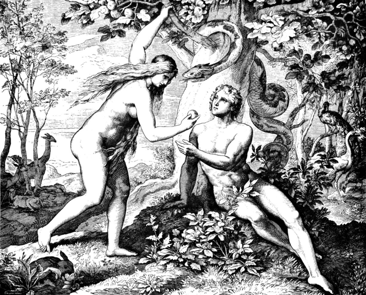 Adam and Eve eat the forbidden fruit.