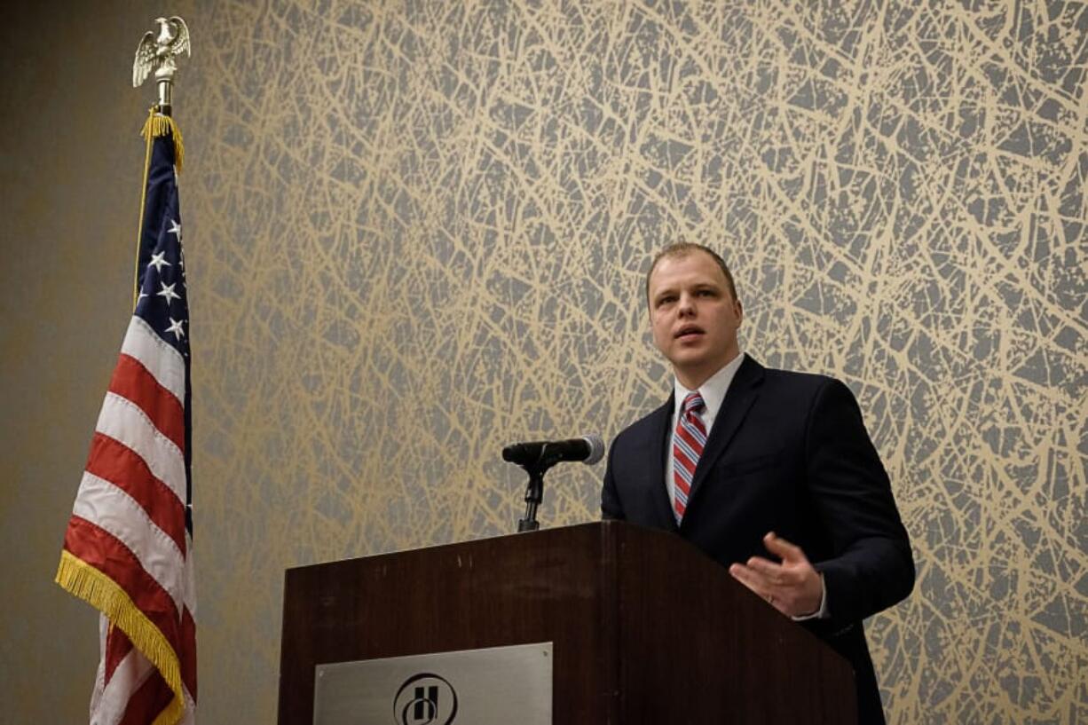 Clark County District 3 Councilor John Blom speaks to the crowd at the Feb. 23 State of County address at the Hilton Vancouver Washington.