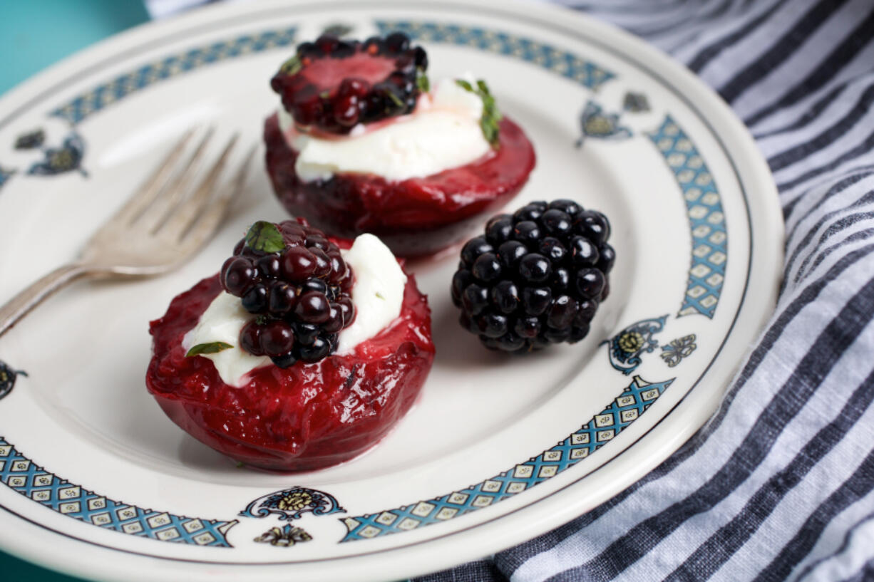 Grilled Plums With Goat Cheese and Honey-Thyme Drizzle Deb Lindsey for The Washington Post