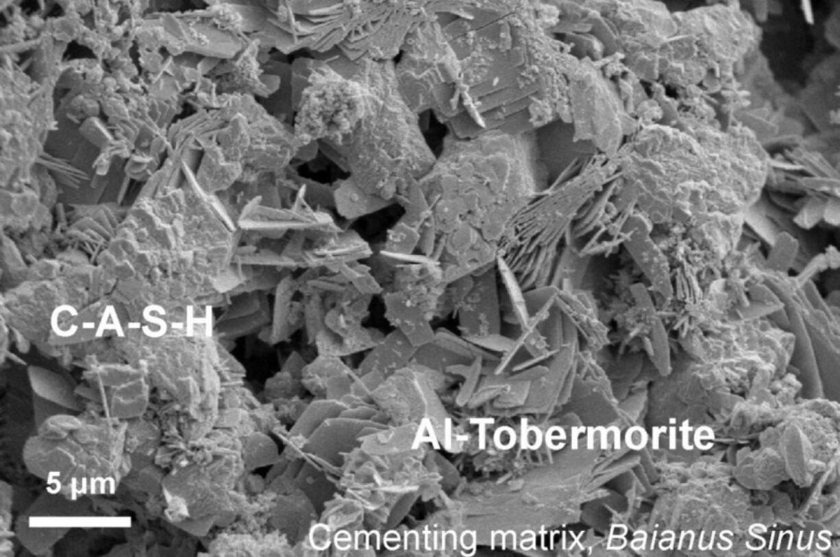 Crystals of aluminous tobermorite growing within the Roman concrete.