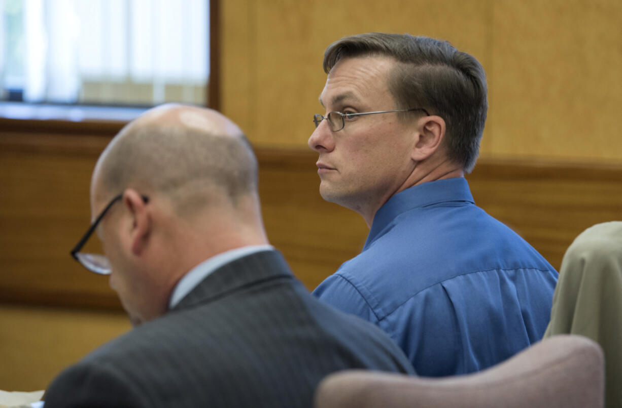 Former Evergreen High School science teacher Matthew Morasch appears for opening statements of a voyeurism trial at Clark County Superior Court on July 11. Morasch is accused of taking inappropriate photos and videos of females, including a student at the school.