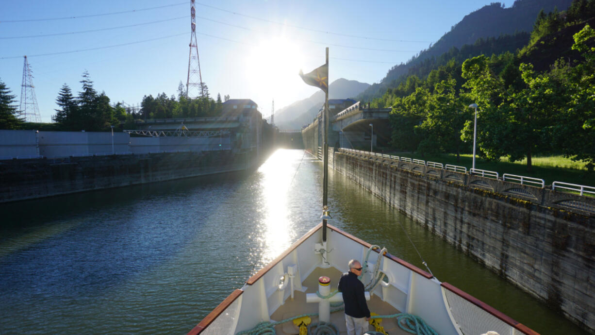 Approaching Bonneville Dam lock, the S.S.Legacy navigates through seven locks up river and seven locks down river on the Rivers of Wine cruise.