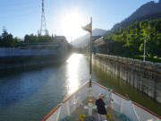 Approaching Bonneville Dam lock, the S.S.Legacy navigates through seven locks up river and seven locks down river on the Rivers of Wine cruise.