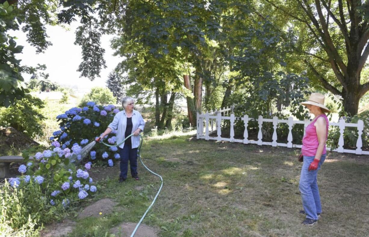 Anne Devereaux, left, a volunteer at the Jane Weber Evergreen Arboretum, waters hydrangeas while talking with Linda Heglin, the treasurer for the Old Evergreen Highway Association.