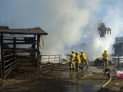 Smoke billows around firefighters as they work at the scene of a hay barn fire at a dairy farm in Ridgefield on Wednesday morning, July 19, 2017.