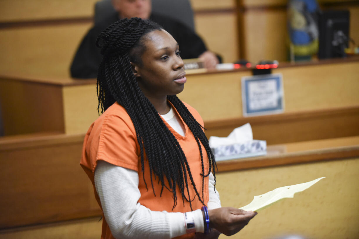 Fontella Hooper, the driver who stood accused in a fatal Vancouver crash, reads a letter to the victims’ family in Clark County Superior Court after pleading guilty Friday. She was sentenced to more than nine years in prison.